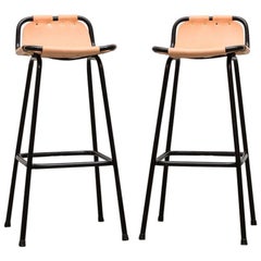 Vintage Pair of Charlotte Perriand Style Leather Bar Stools