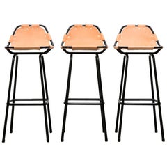 Set of Three Charlotte Perriand Style Leather Bar Stools