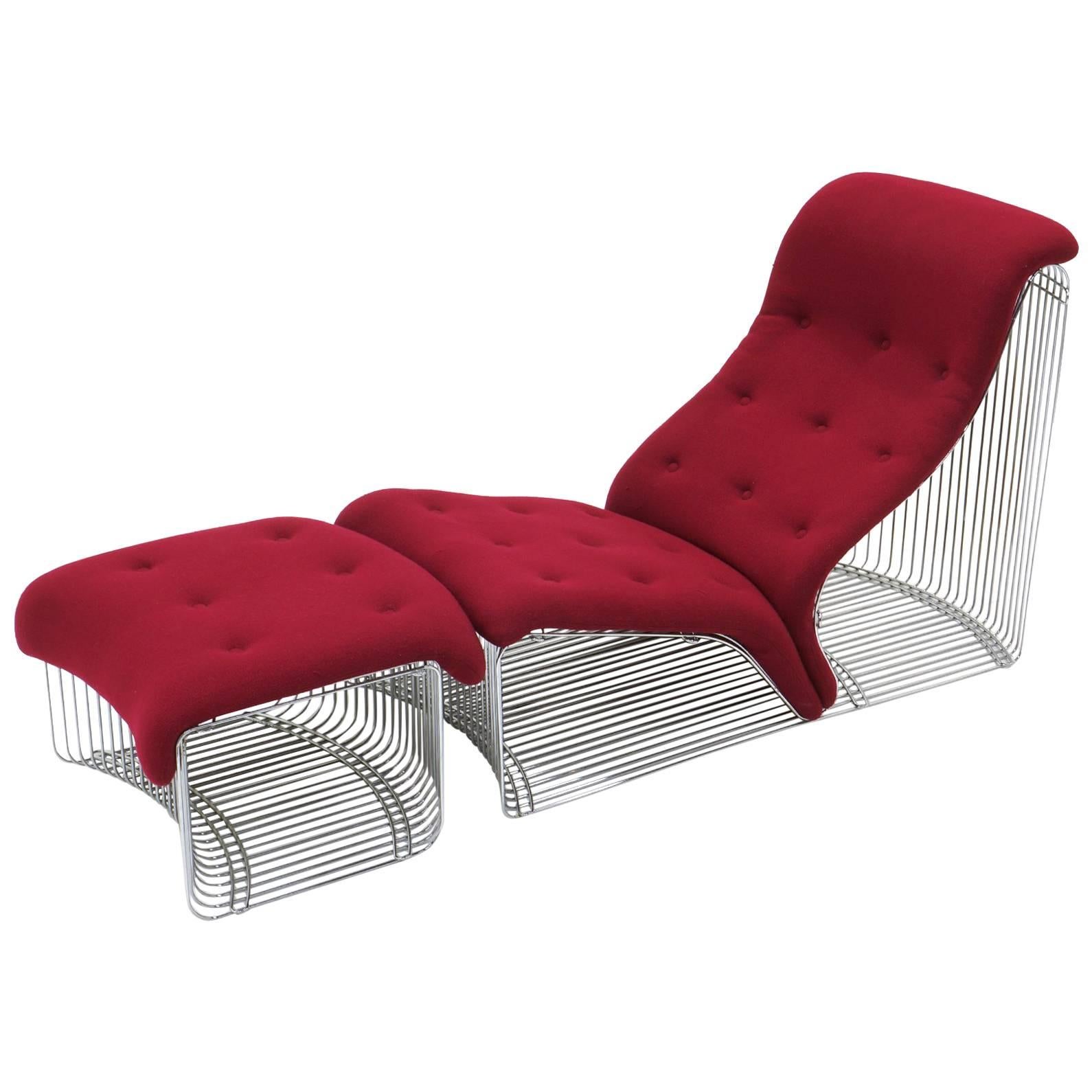 Pantonova chaise or chair and ottoman. Designed by Verner Panton and made by Fritz Hansen, Denmark, circa 1970. Original chromed steel frame and original deep red / berry color fabric in very good condition. Very comfortable. A rare opportunity to