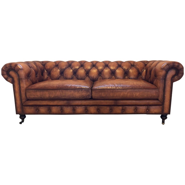 English Style Worn Leather Chesterfield Sofa at 1stDibs