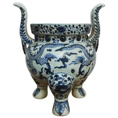 Vintage Monumental Chinese Blue and White Dragon Tripod Censer