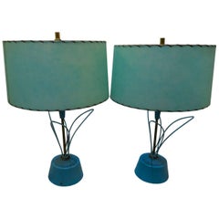 ON SALE!!  Pair of Blue 1950s Atomic Metal with Original Fiberglass Shade Lamps