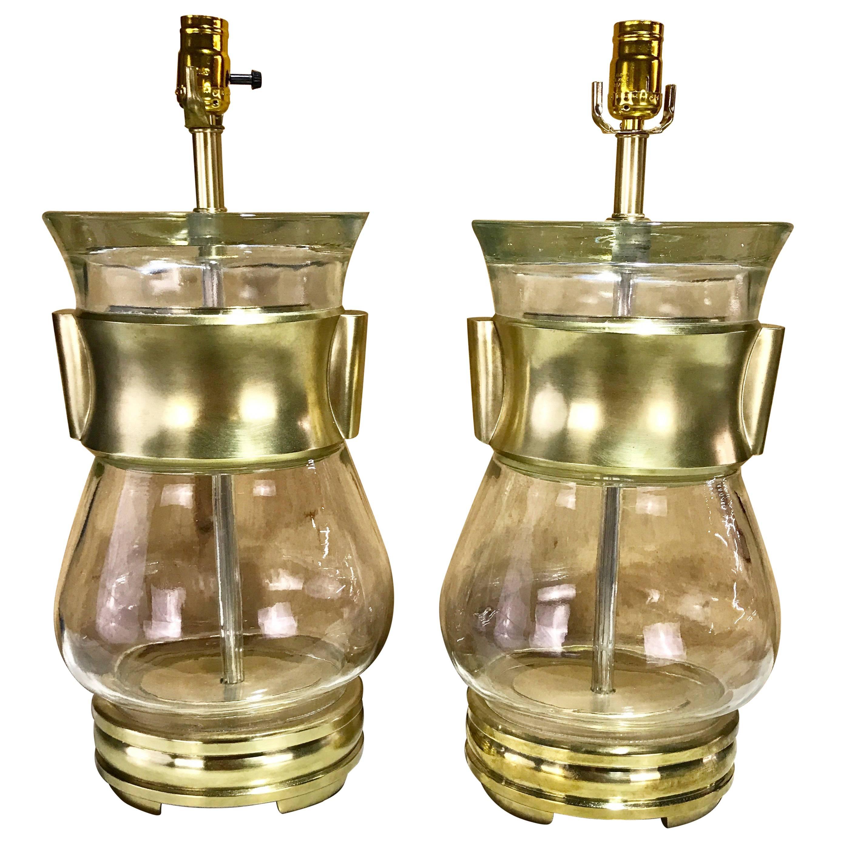 Pair of Midcentury Hu Style Brass and Murano Glass Lamps