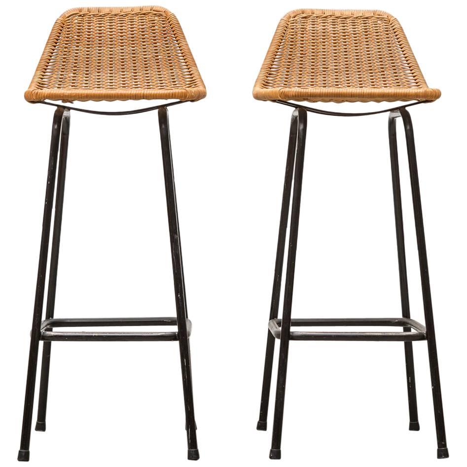 Pair of Charlotte Perriand Style Wicker Bar Stools