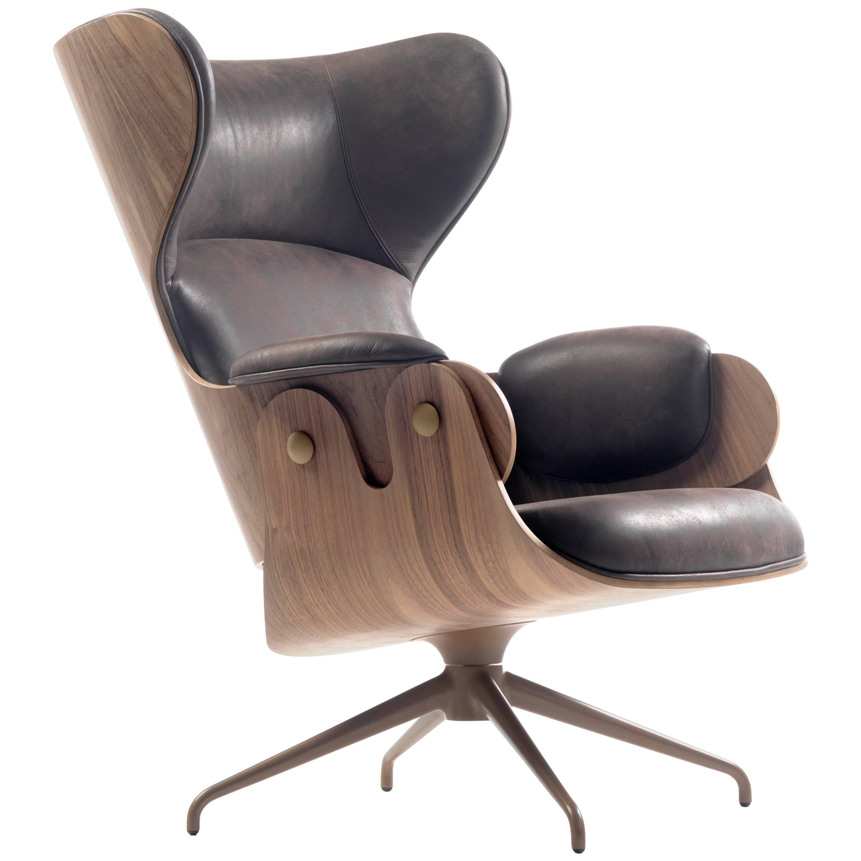 Contemporary lounge chair, "Lounger" by Jaime Hayon, walnut, vintage leather For Sale