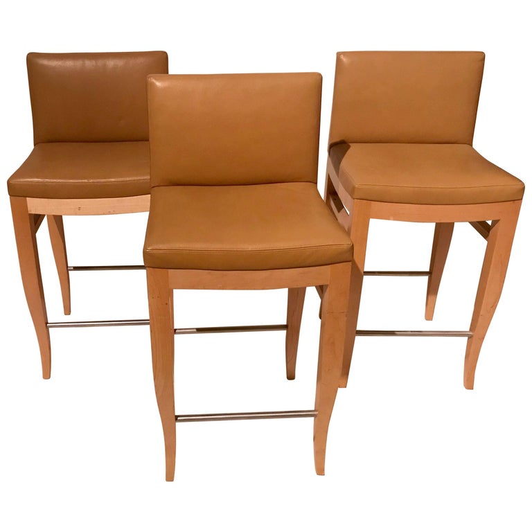Holly Hunt Light Beech Tan Leather Bar Stools Set Of Three For Holly Hunt Light Beech Tan Leather Bar Stools Set Of Three For