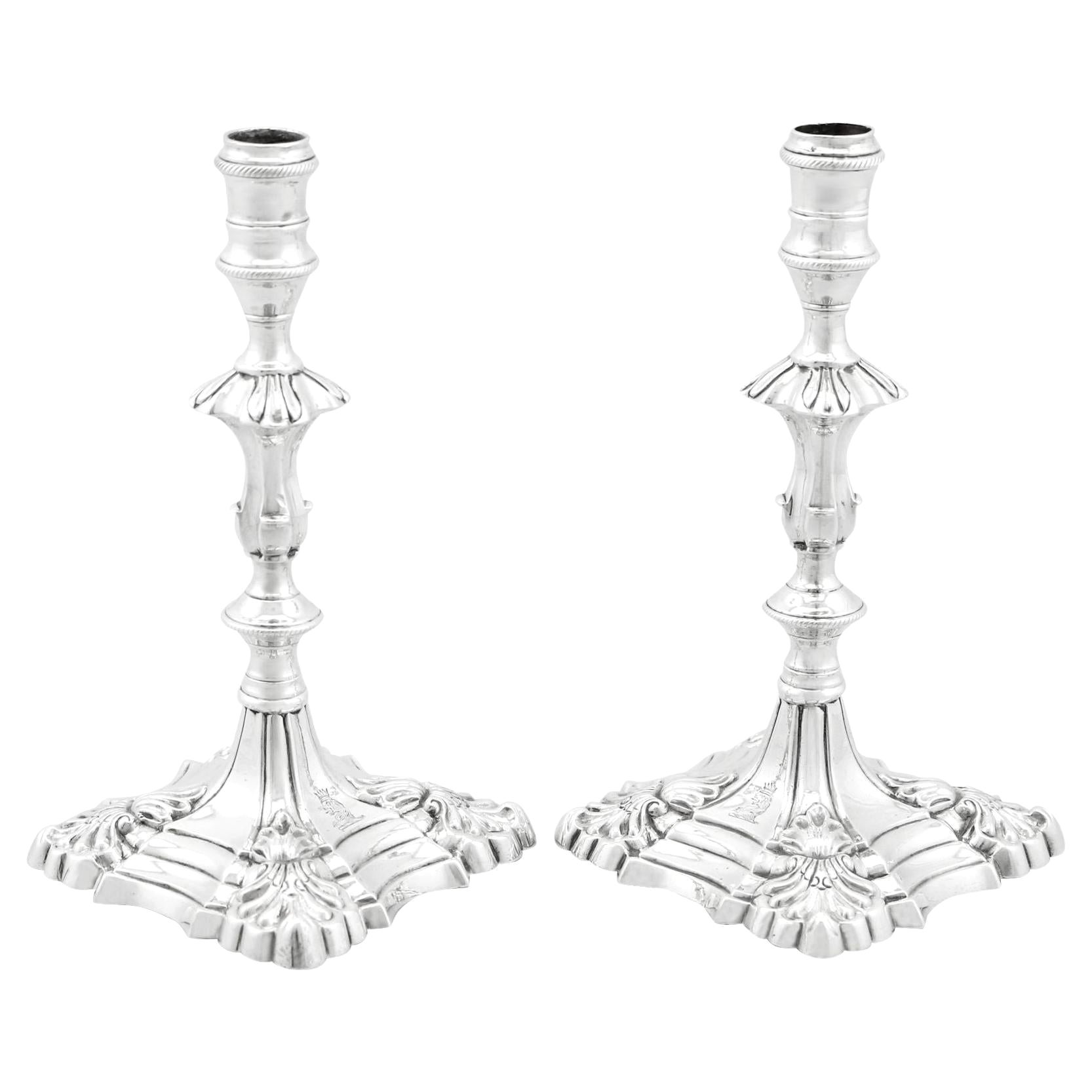Antique 1760s Georgian Pair of Sterling Silver Tapersticks (1769) For Sale