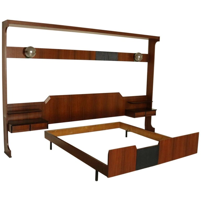 Double Bed with Hanging Bedside Tables Rosewood Veneer Vintage, Italy
