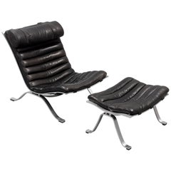 Arne Norell Ari Easy Chair and Ottoman in Black Leather by Norell Mobel, Sweden