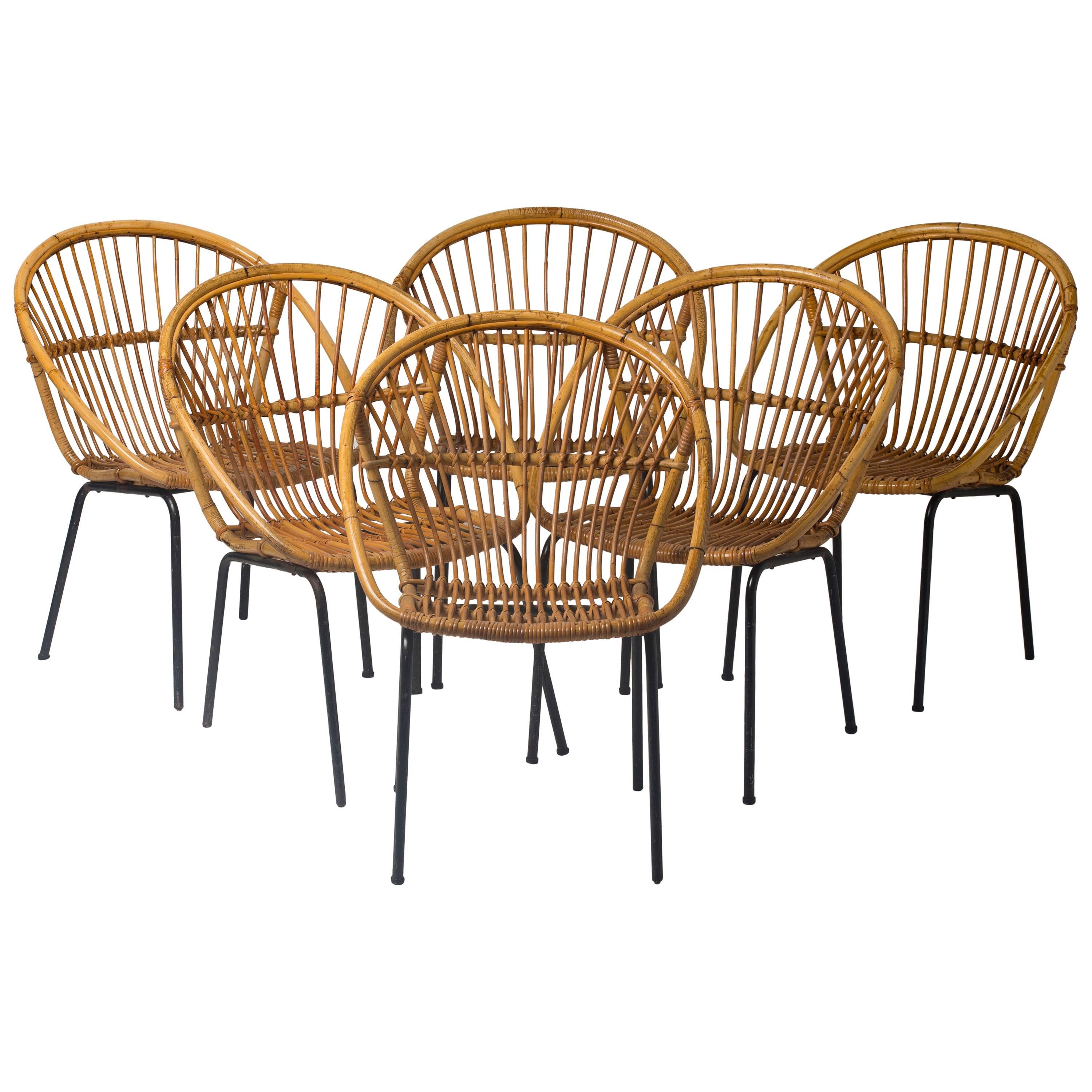Set of Six Rattan Chairs on Black Lacquered Iron Bases, Netherlands, 1950 Period