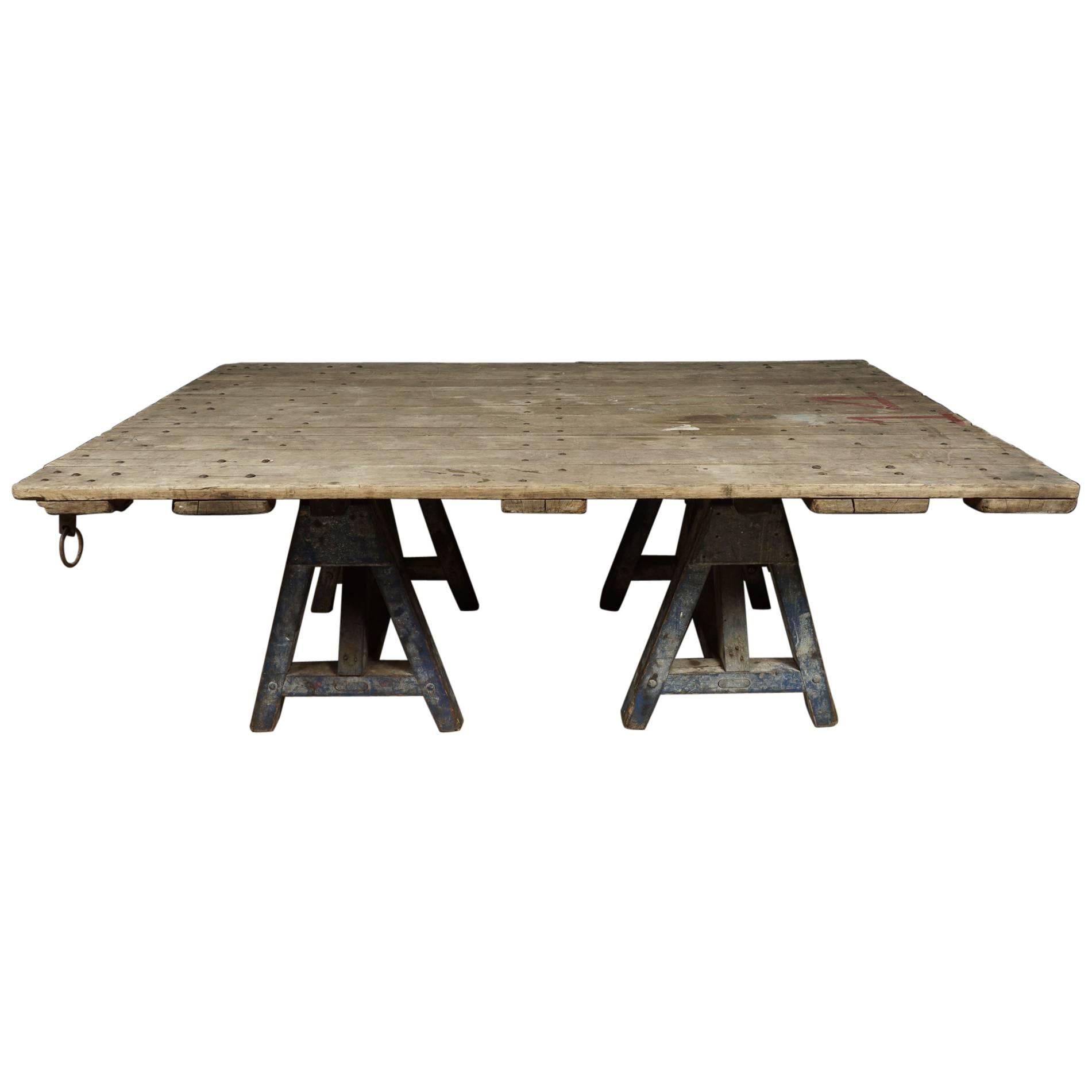 Large Dining Table with Sawhorse Base, circa 1920