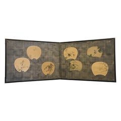 Antique Two-Panel Japanese Screen with Scattered Fans