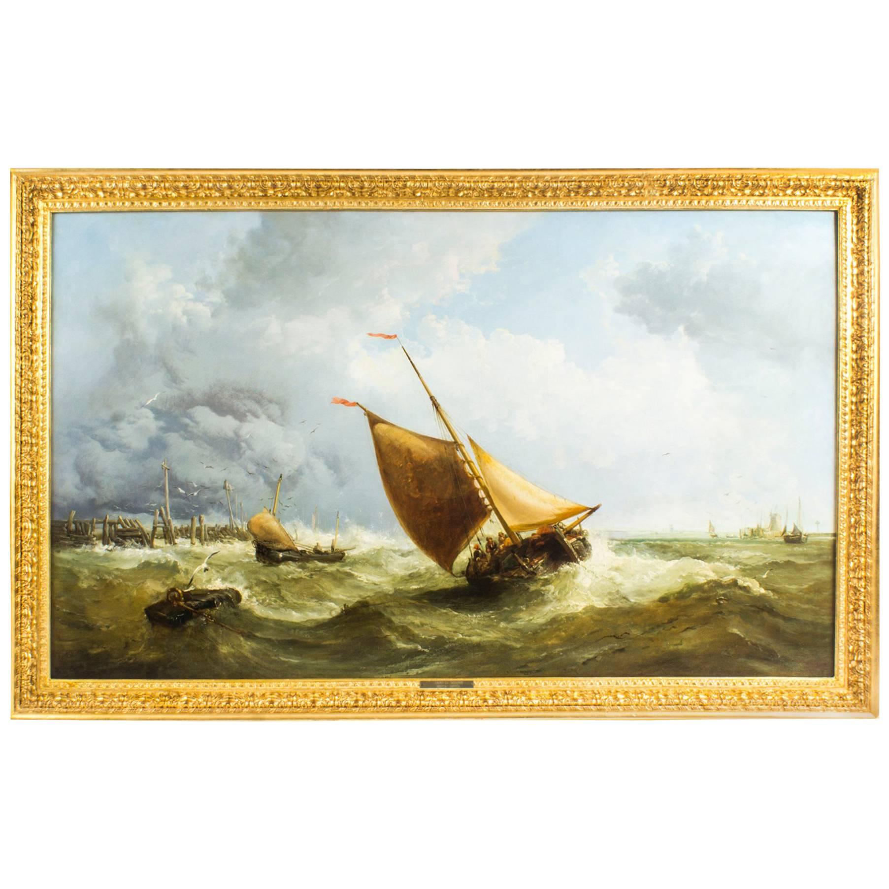 Antique Painting Large by James Webb Fishing Smack in Rough Seas, 1866