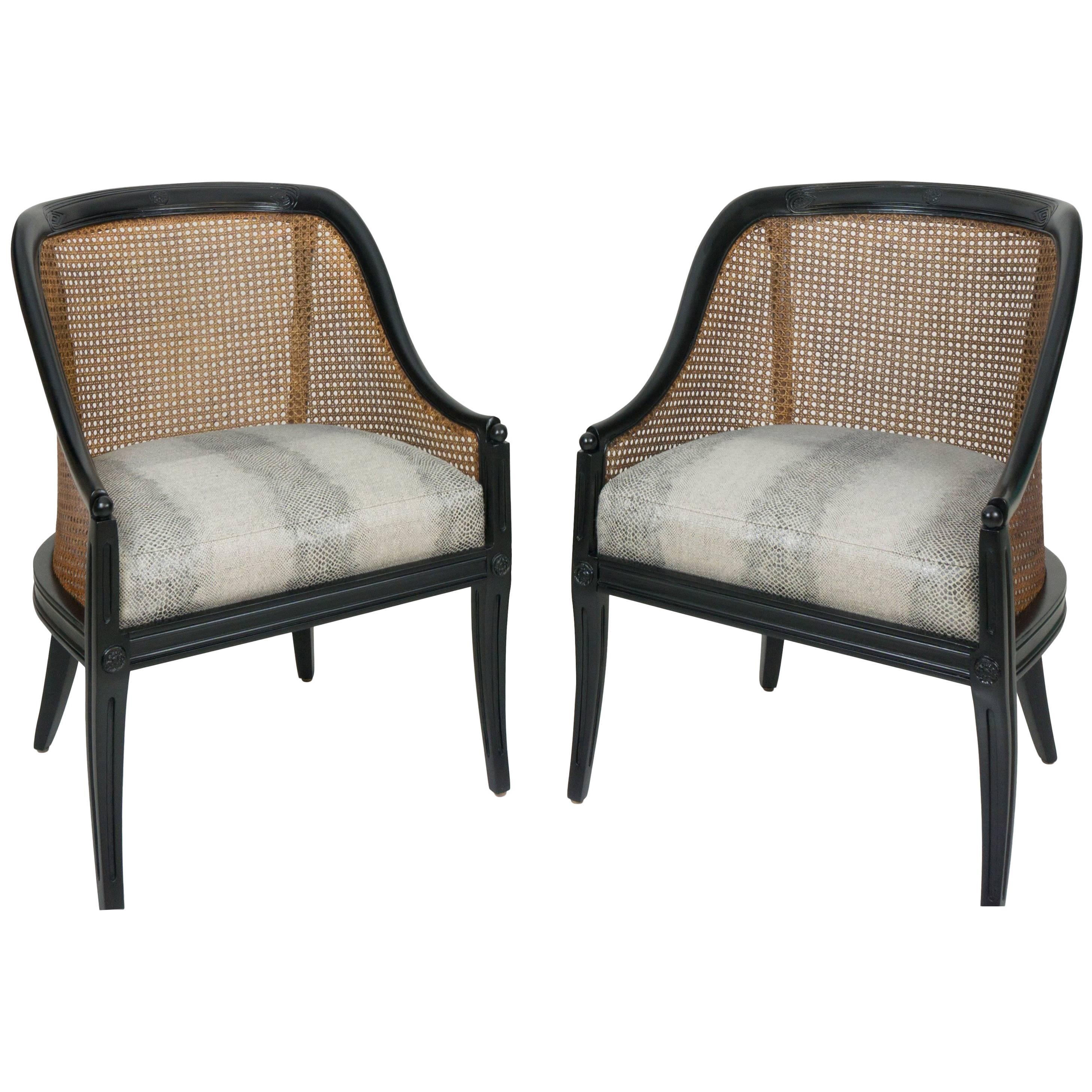 Vintage Regency Caned Black Gondola Chairs with Faux Snakeskin