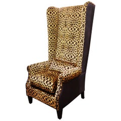 Antique Leopard Armchair with Black Nubuck Leather and Velvet Fabric