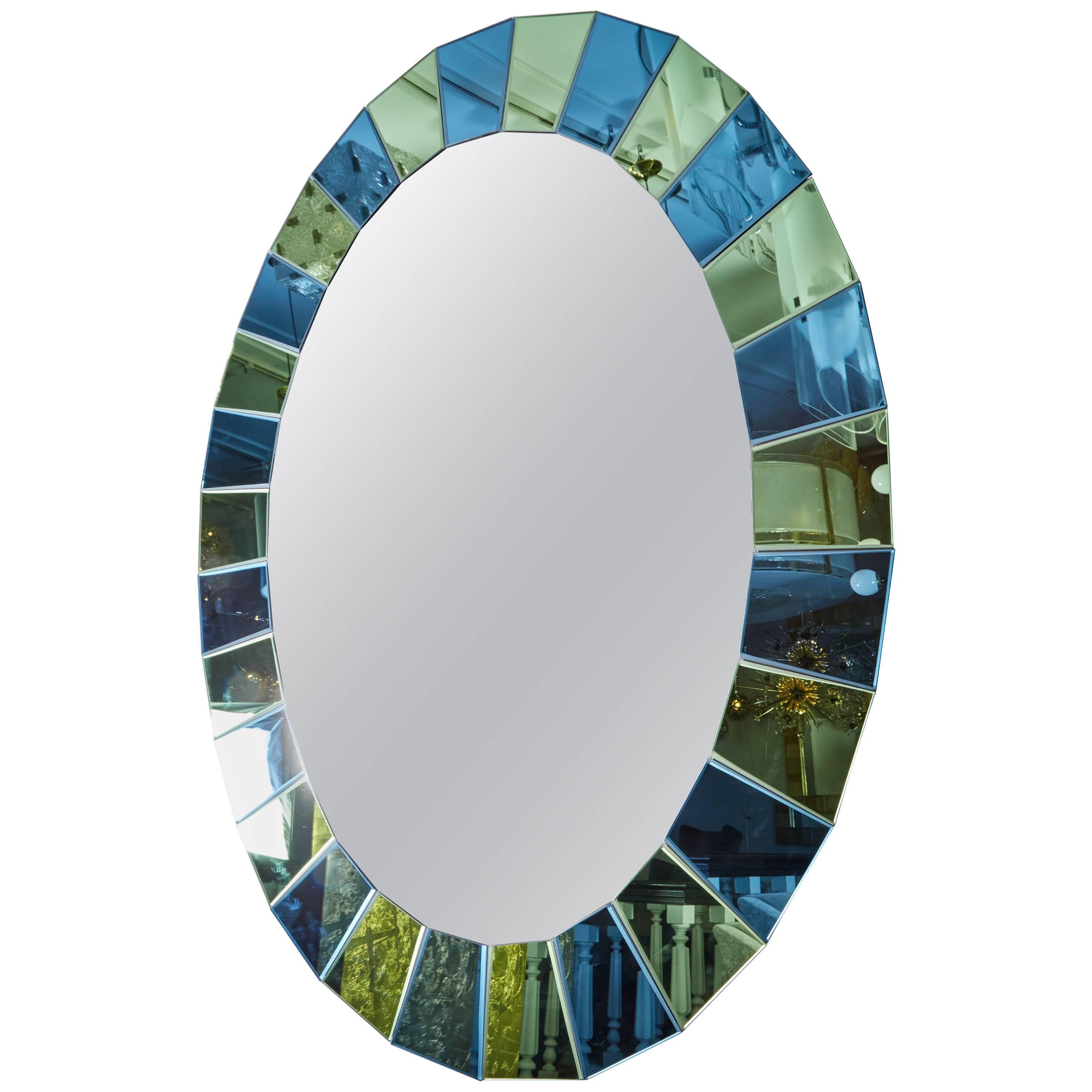 Oval Mirror in Blue and Green Tinted Mirror Border For Sale