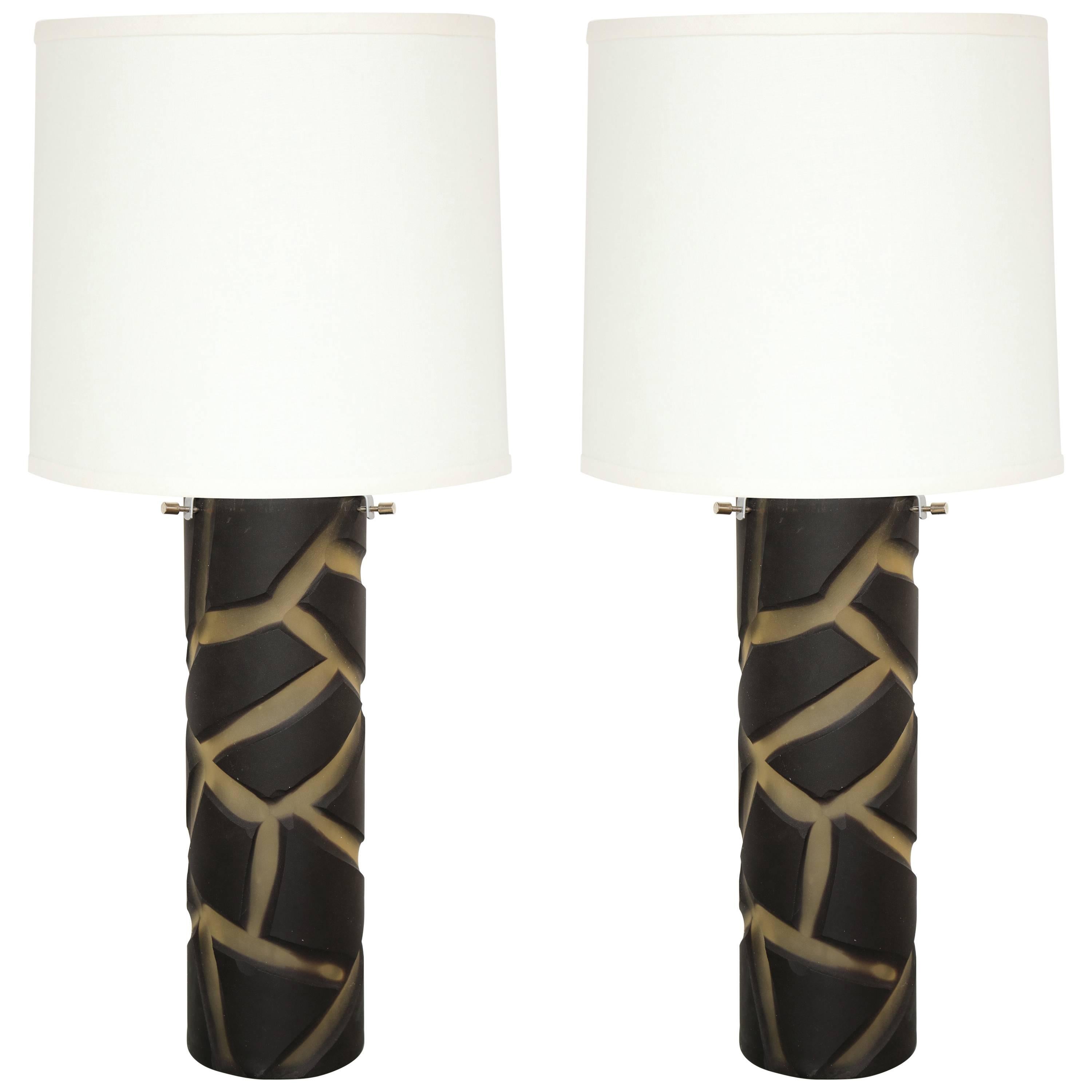 Pair of Deep Cut Frosted Black and White Giraffe Vivarini Murano Glass Lamps