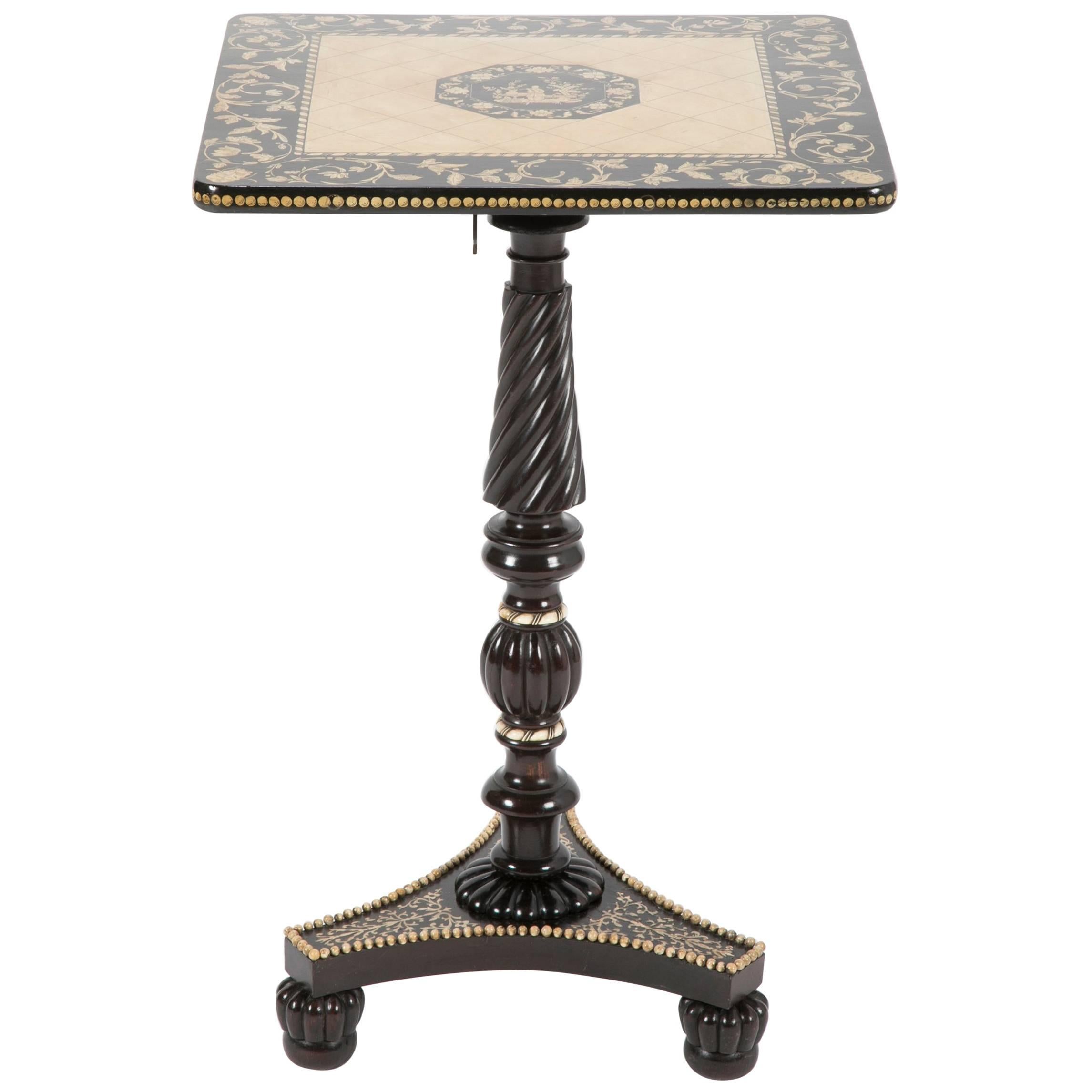 English Regency Ebonized Wood and Bone Penwork Side Table