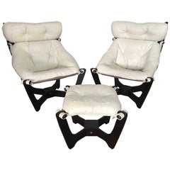 Pair of Odd Knutsen “Luna” Sling Lounge Chairs and Footstool