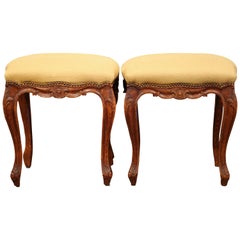 Pair of Early 20th Century French Louis XV Carved Stools with Fabric
