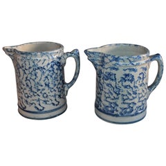 Spongeware 19th Century Pottery Pitchers, Pair