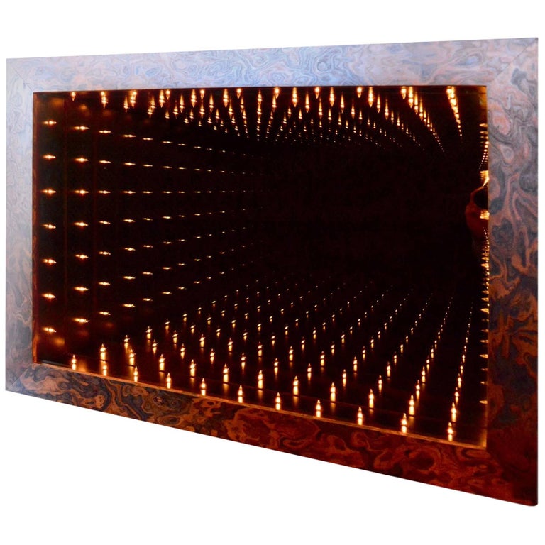 Brass and Burl Wood Infinity Mirror Pair For Sale at 1stdibs