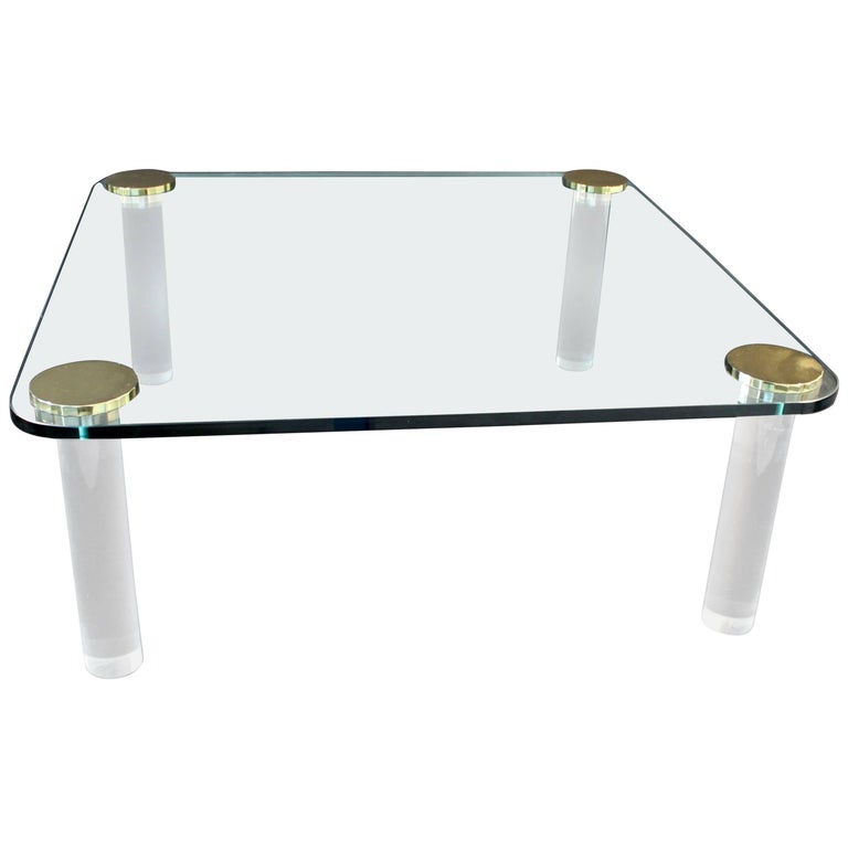MidCentury Modern Brass Glass Square Lucite Coffee Table at 1stDibs