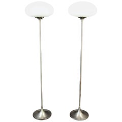 Mid-Century Modern Metal & White Glass Pair of Laurel Mushroom Floor Lamps 1960s