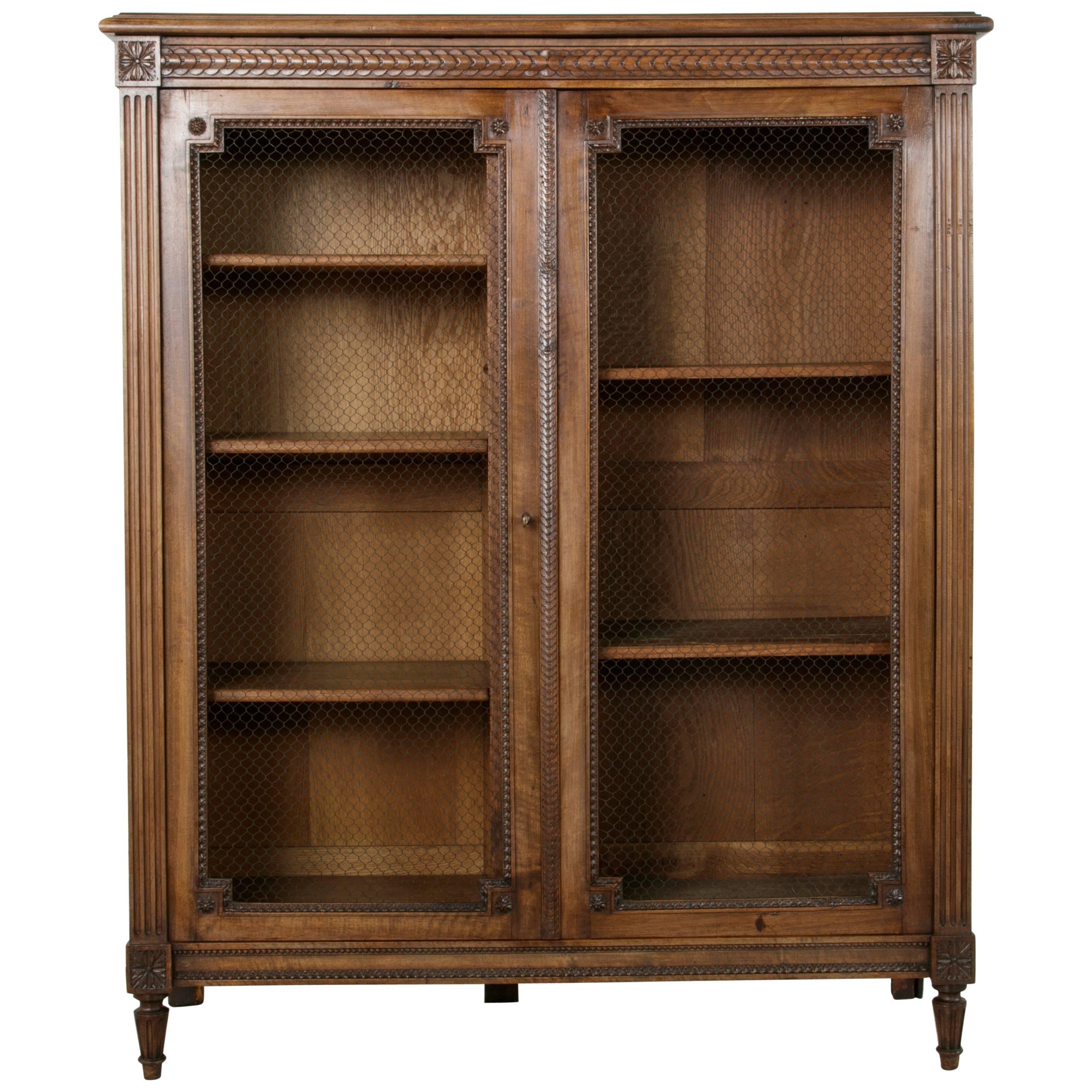 Late 19th Century Louis XVI Style Hand-Carved Walnut Bibliotheque or Bookcase