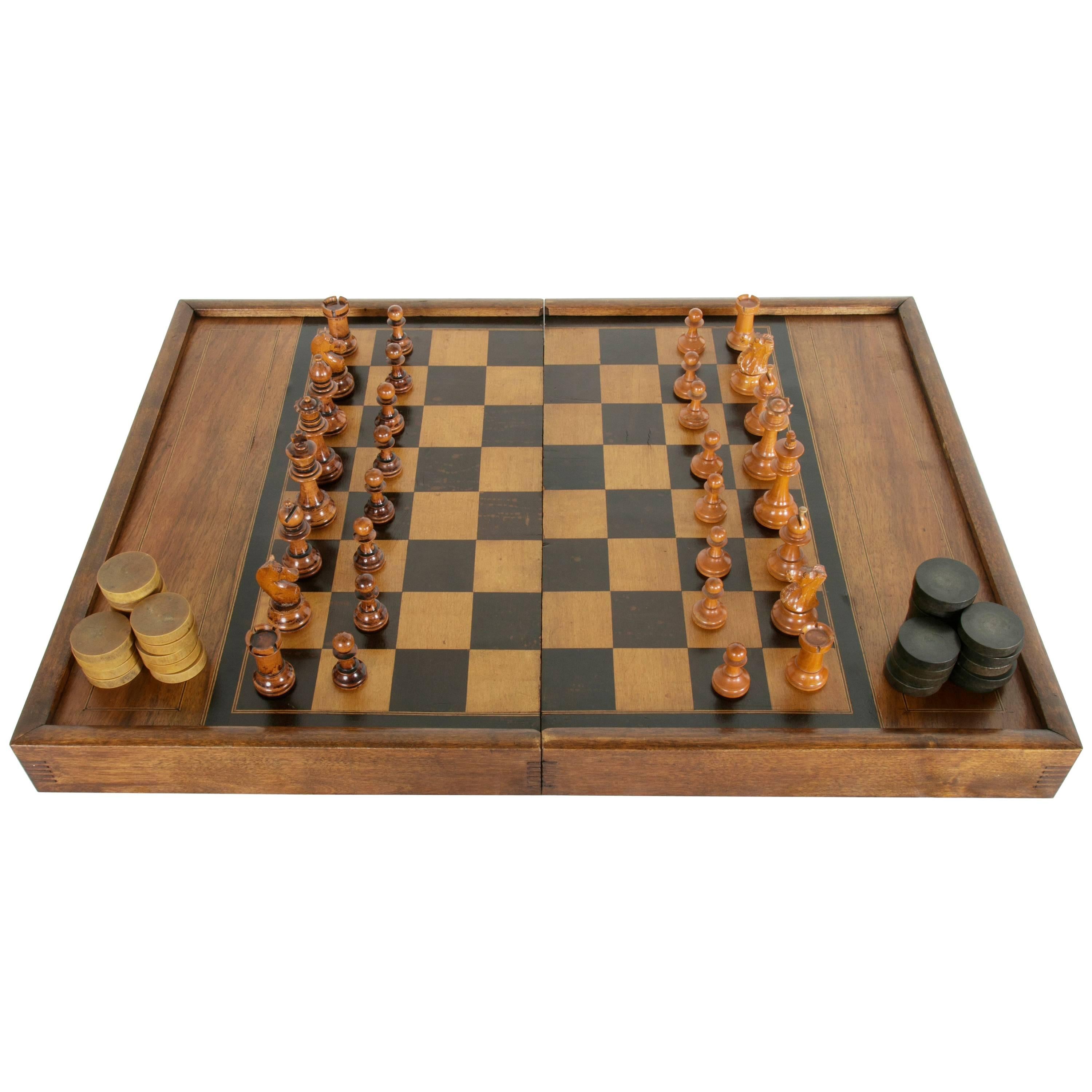 Artisan-Made Parquetry Game Box or Board, Chess Checkers Backgammon, circa 1900