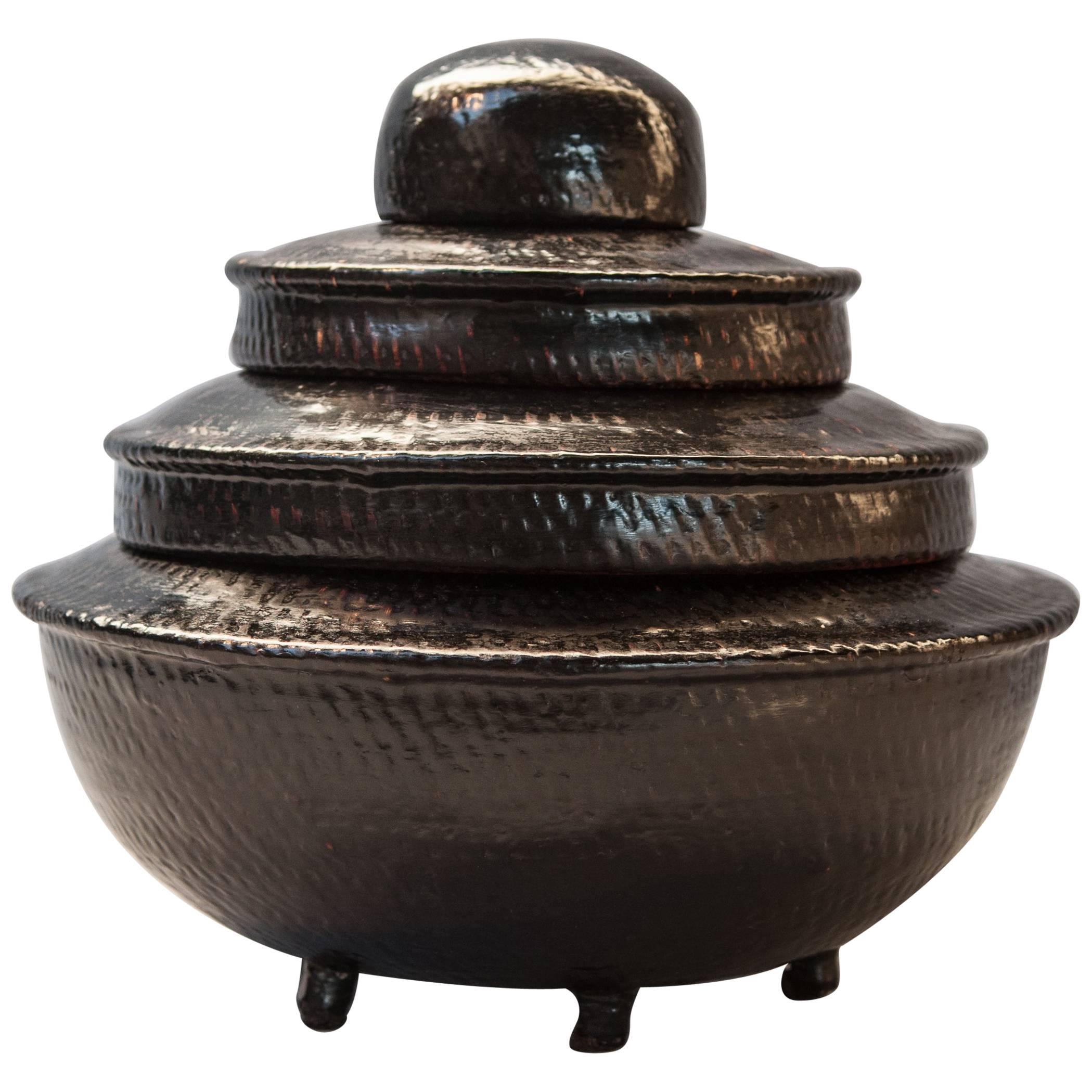 Tiered Black Lacquer Offering Vessel, Hsun Gwet, Burma Mid-20th Century, Rattan