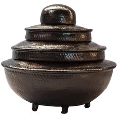 Vintage Tiered Black Lacquer Offering Vessel, Hsun Gwet, Burma Mid-20th Century, Rattan