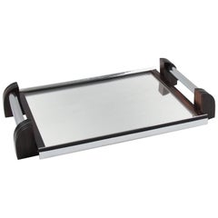 French Art Deco Chrome and Mirror Serving Tray with Macassar Wood Handles