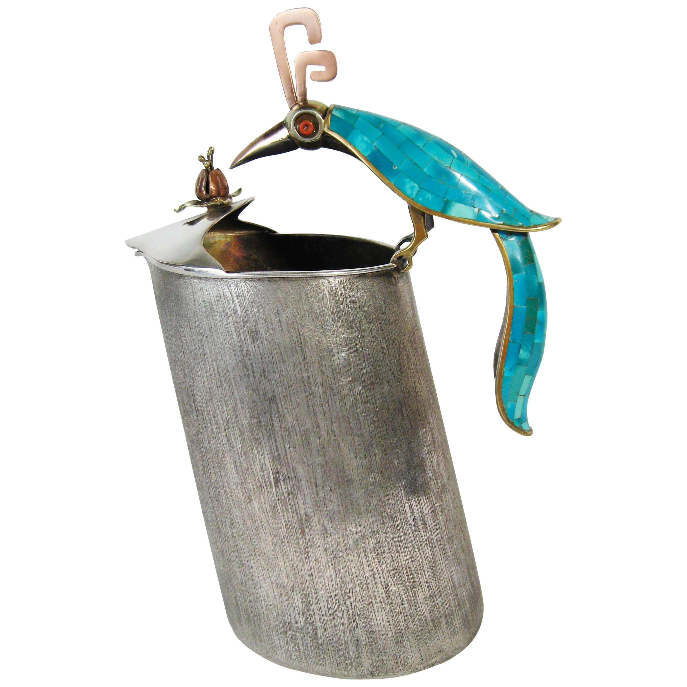 Silvered Brass and Copper Pitcher, Turquoise Coral, Los Castillo Taxco, Mex 1960 For Sale