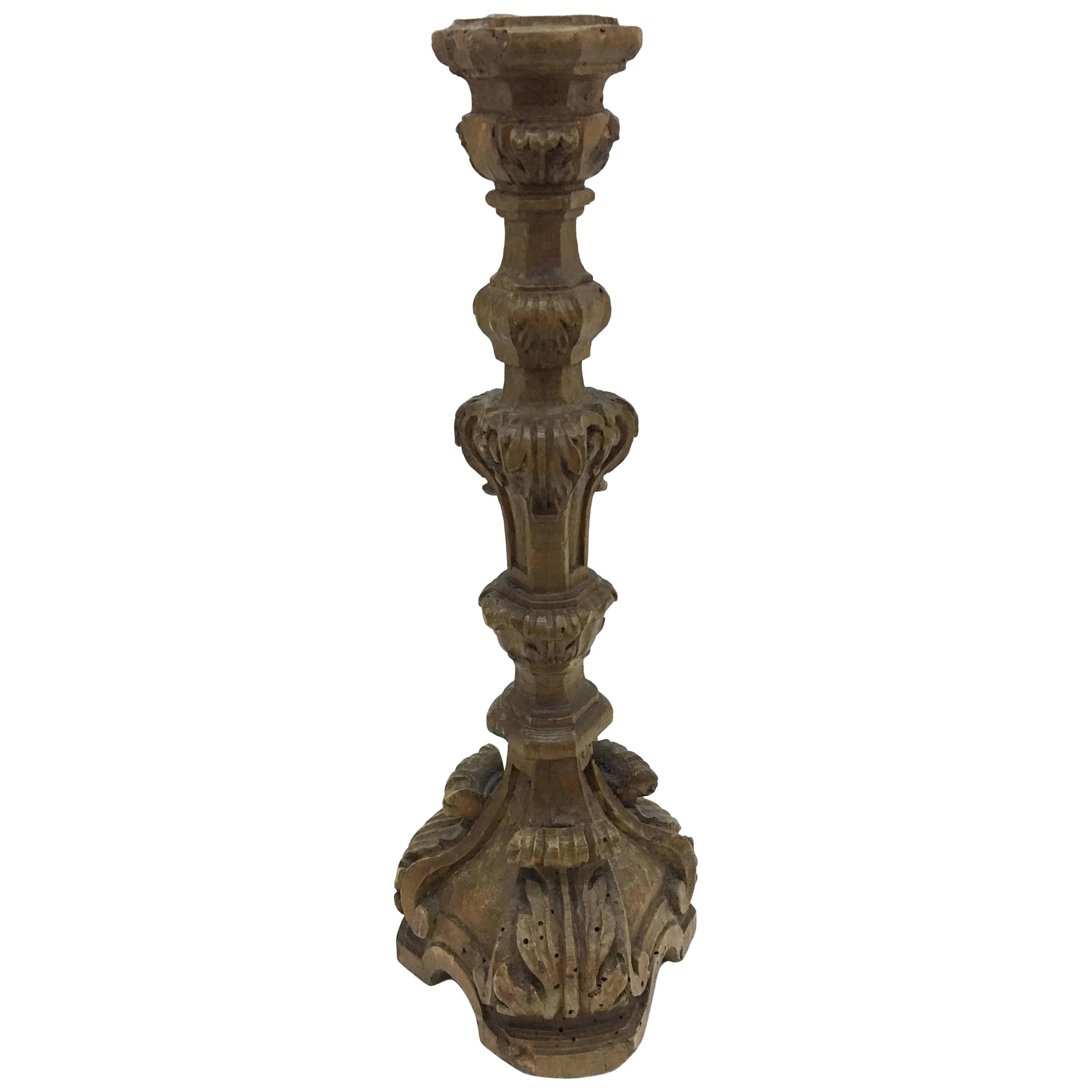 Sicilian Antique Hand-Carved Wood Candlestick, circa 1800