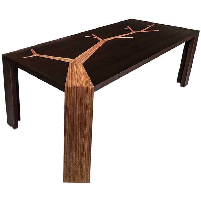 Angkor Wood Dining Table Smoked Oak and Walnut Tree Marquetry  by Olivier Dollé For Sale