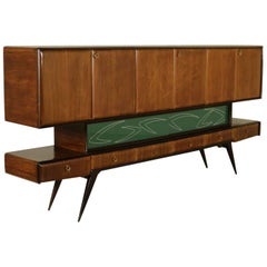 Sideboard Rosewood Veneer Vintage Treated Glass Brass Vintage, Italy, 1950s