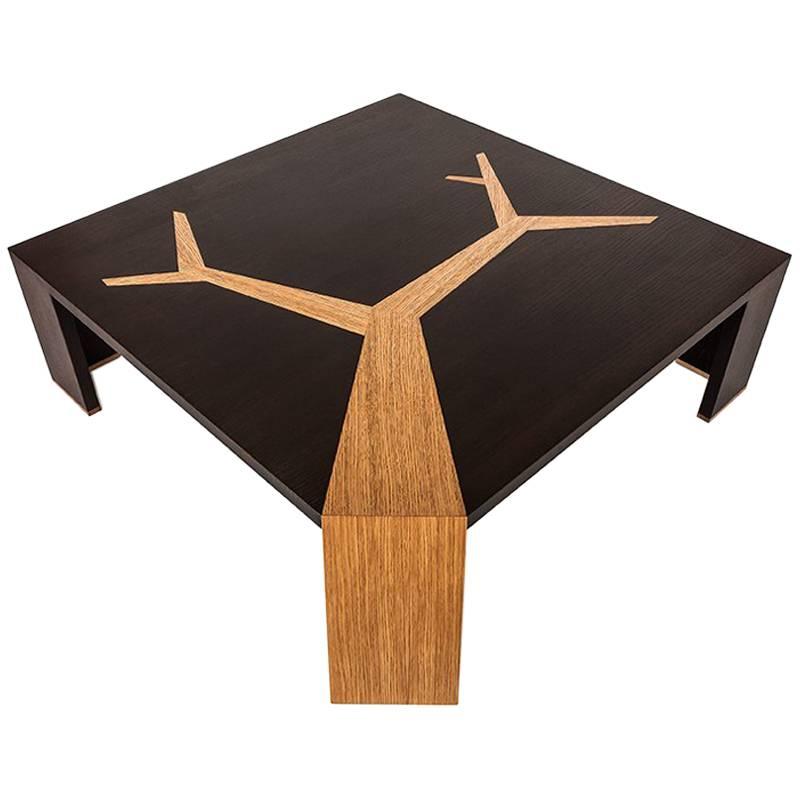 Angkor Coffee Table Smoked Oak Marquetry Natural Oak  by Olivier Dollé For Sale