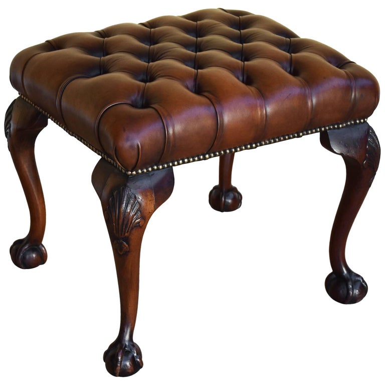Antique Queen Anne Style Deep Button Leather Foot Stool For Sale at 1stDibs