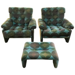 Italian Set Coronado C&B by Tobia Scarpa, Pair of Armchairs and Ottoman, 1970s