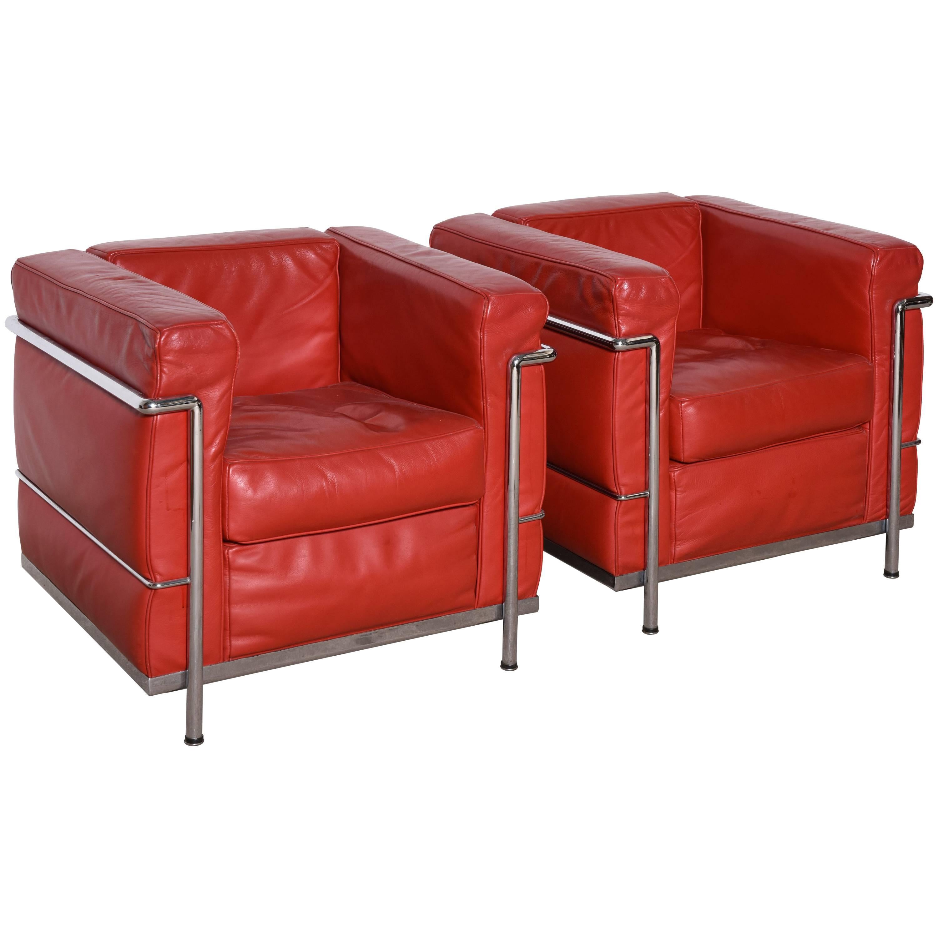 Le Corbusier Style, LC2 Easy Chair Red Leather by Cassina