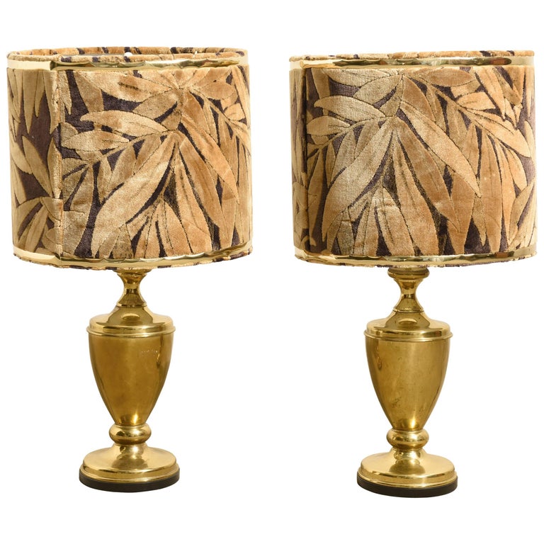 Brass Set of Two 1970s Table Lamps with Shades in Velvet at 1stDibs
