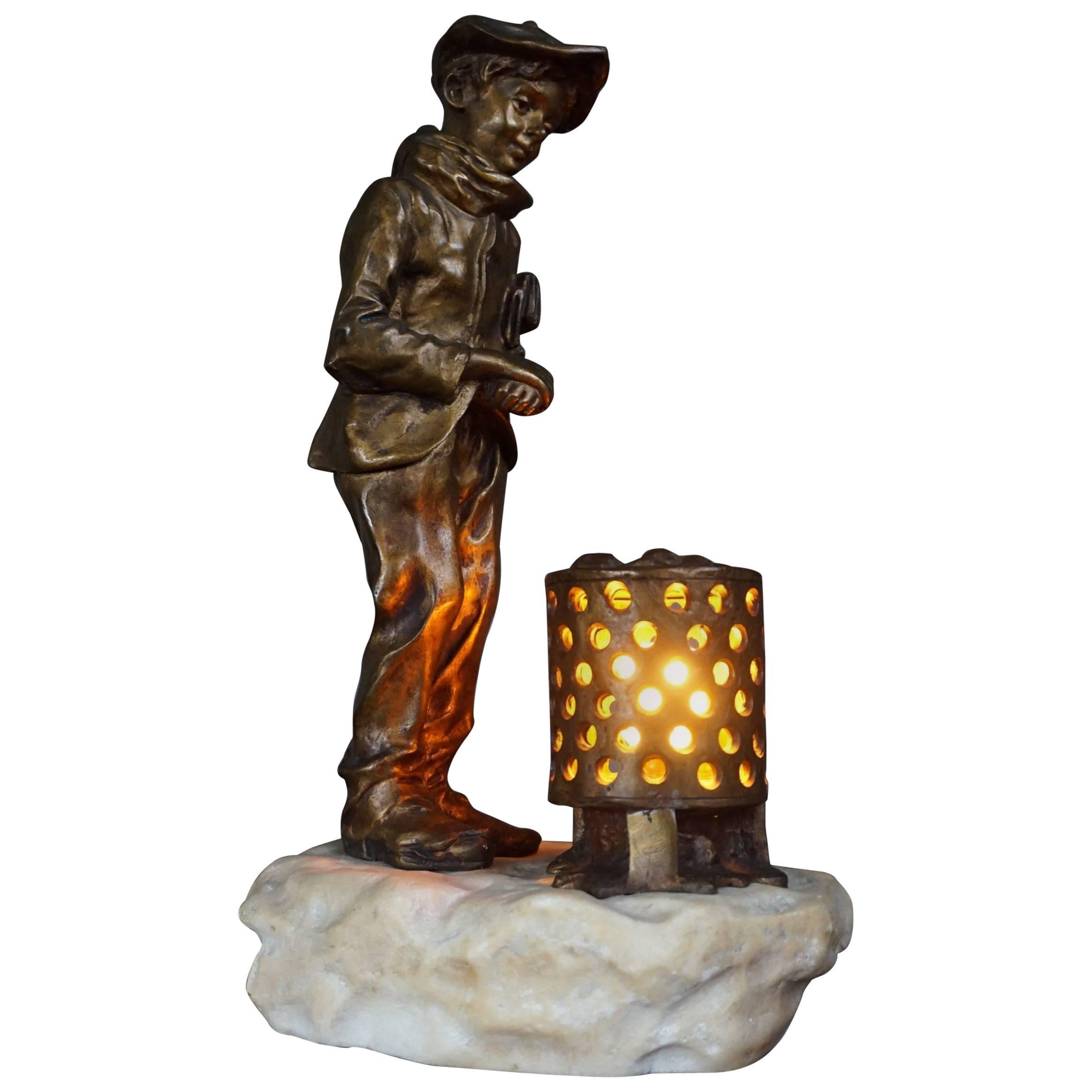Antique and Signed Gilt Bronze Boy with Newspaper by the Fire Table or Desk Lamp