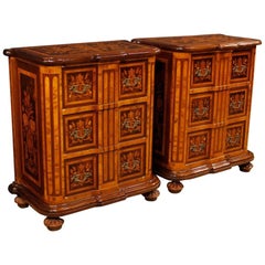 Pair of Italian Inlaid Bedside Tables in Rosewood, Walnut, Burl, Maple