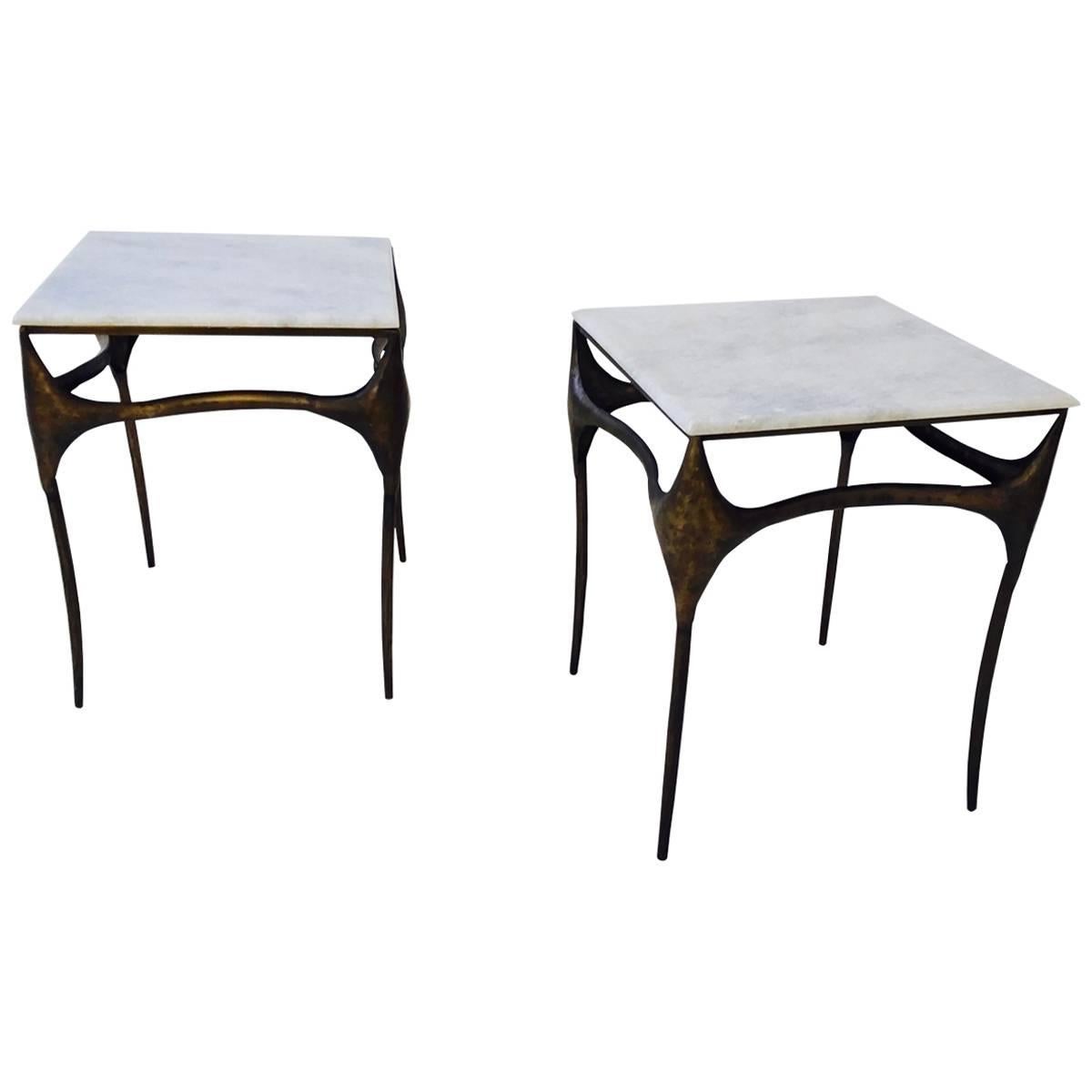 Pair of Organic Bronzed and Marble Side Tables For Sale