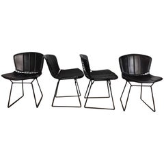 Harry Bertoia Black Metal Chairs with Black Leather Pads