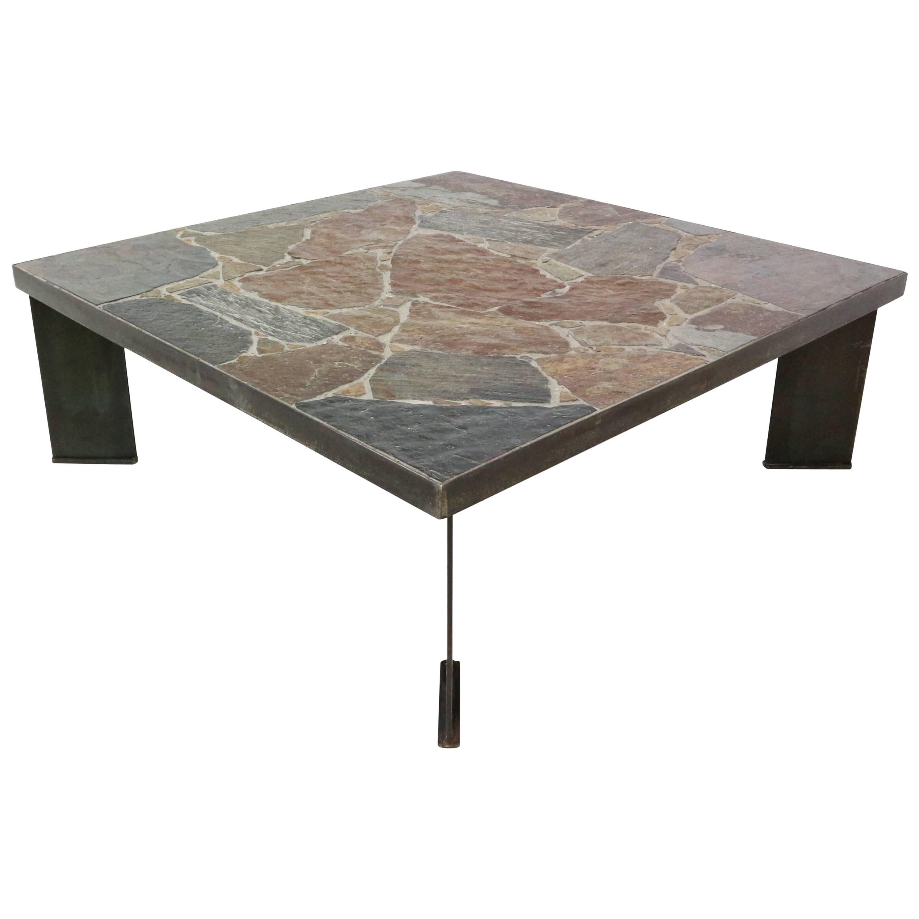 Brutalist Coffee Table with Slate Stone Top and Cast Iron Base, 1970s
