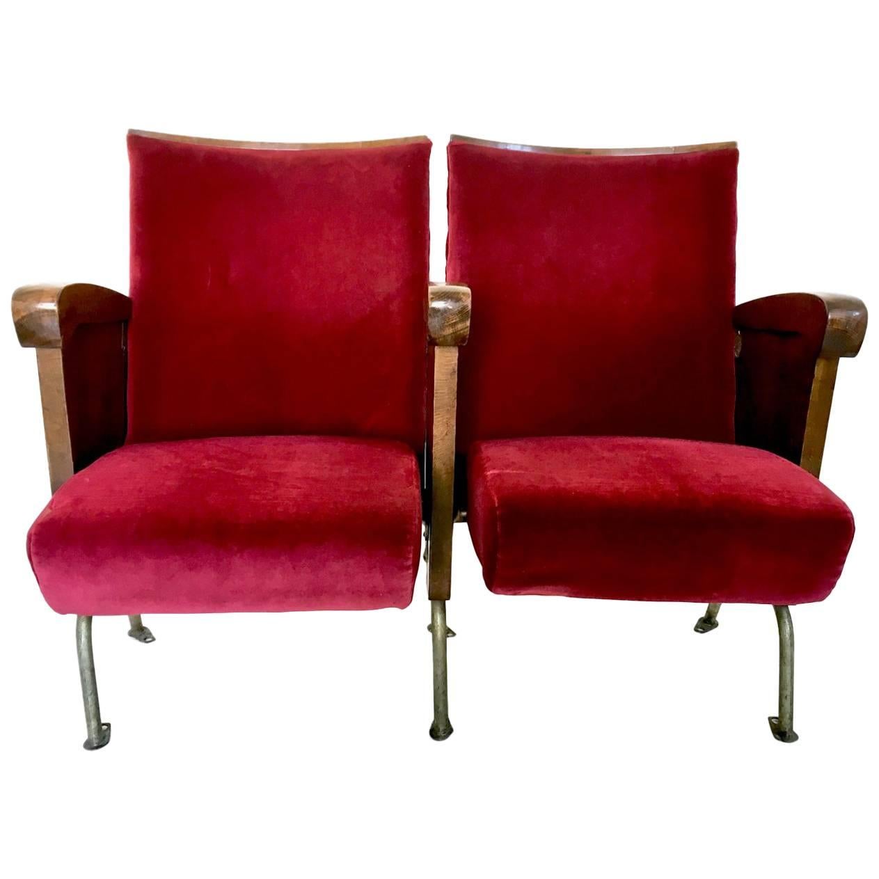 Pair of Red Velvet Cinema Seats by Ascol with Wooden Structure, Italy, 1950s