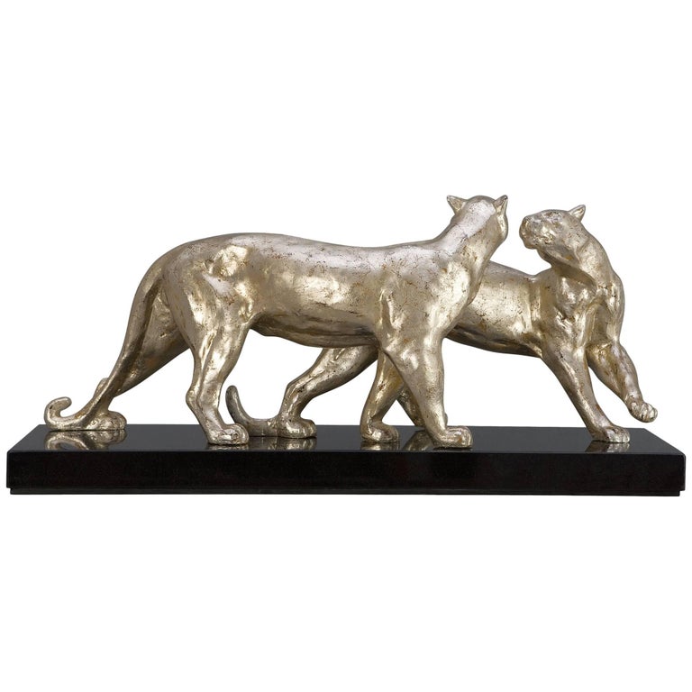 Leopards Sculpture in Antique Silver Finish For Sale at 1stDibs
