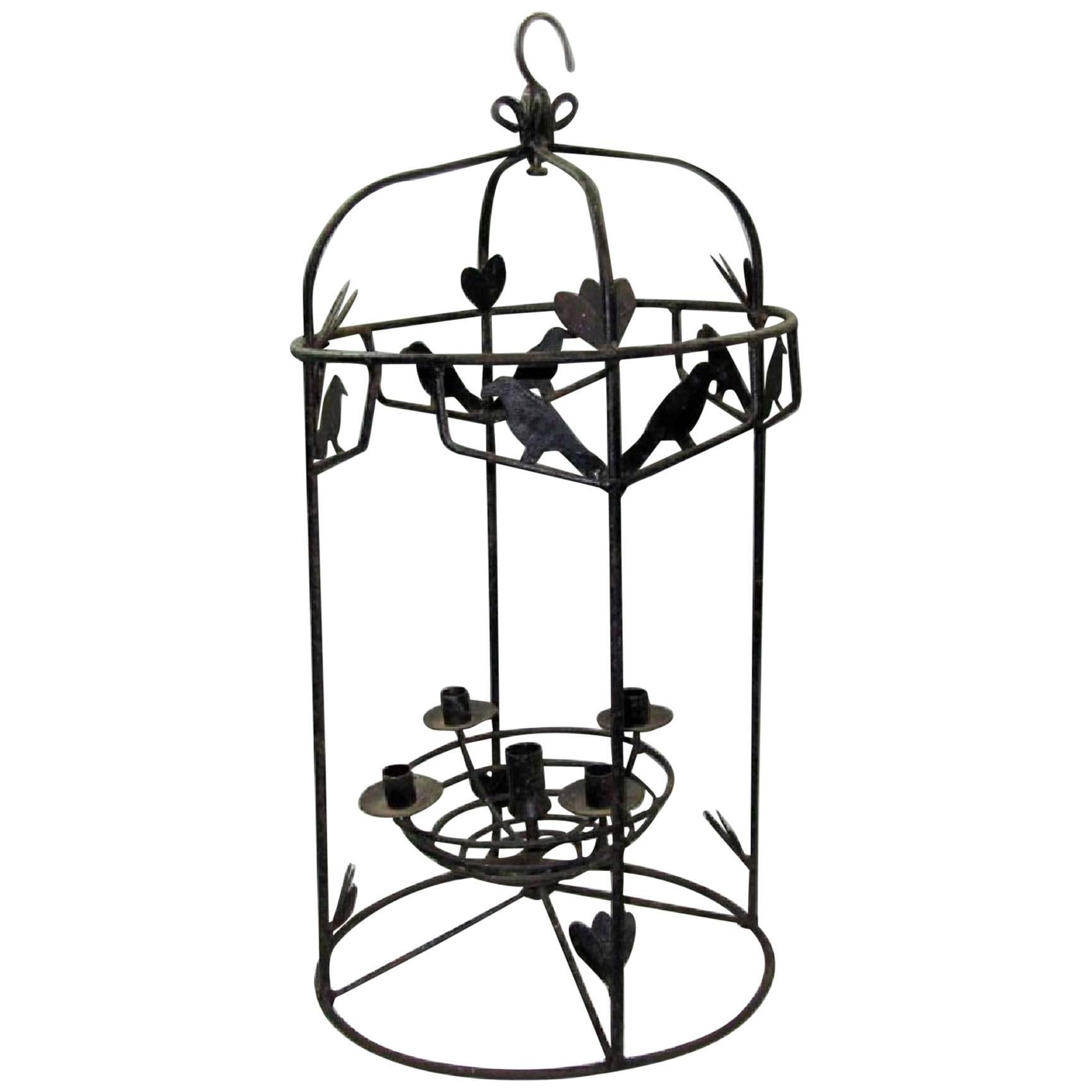 Five-Light Wrought Iron Chandelier with Birds